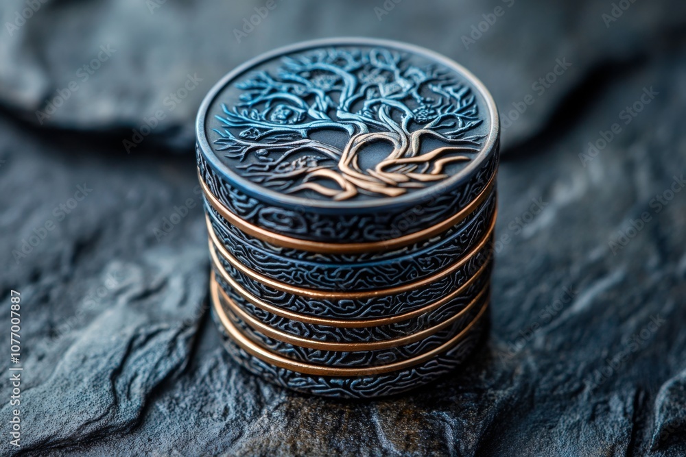 Poster A dark, gothic coin stack with intricate designs, surrounded by shadows and mysterious elements