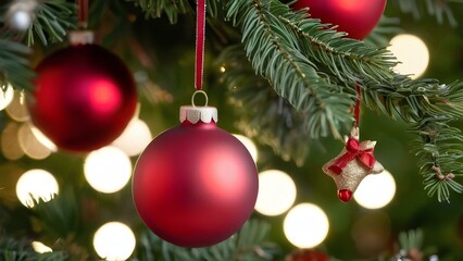 Obraz premium Red and gold Christmas ornaments hanging on a tree with soft bokeh lights in the background, evoking a festive holiday atmosphere.