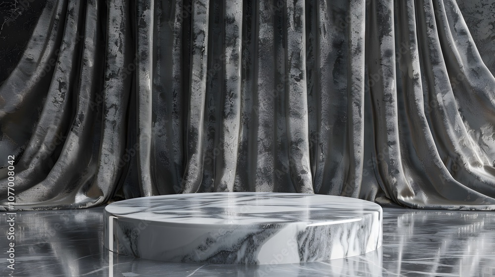 Poster elegant marble display platform surrounded by luxurious silver curtains in a sophisticated studio se