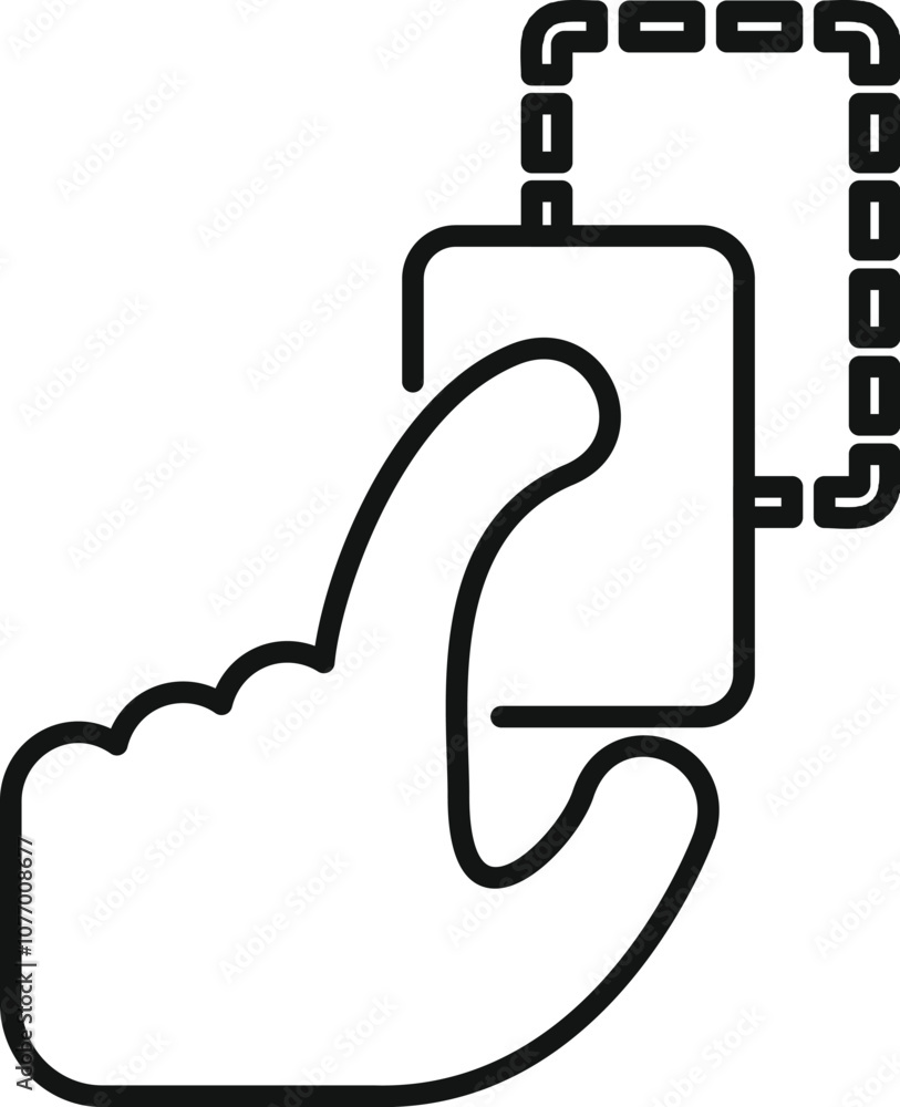 Poster simple outline icon representing a hand interacting with a smartphone that has a cable connected to 