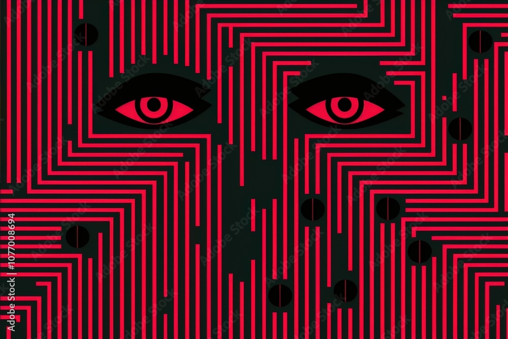 Poster a striking abstract design featuring a face with piercing red eyes, surrounded by bold geometric lin