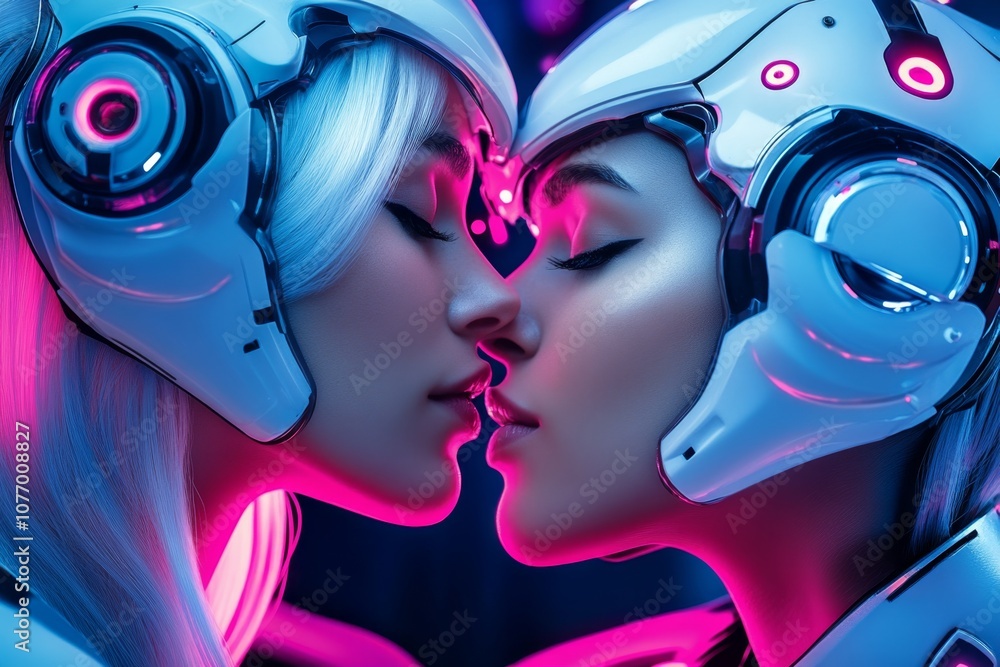 Poster A futuristic digital rendering of two robotic faces sharing a kiss, with neon lights and metallic textures