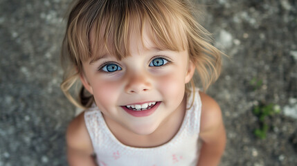 カメラを見上げる女の子　カメラ目線　笑顔