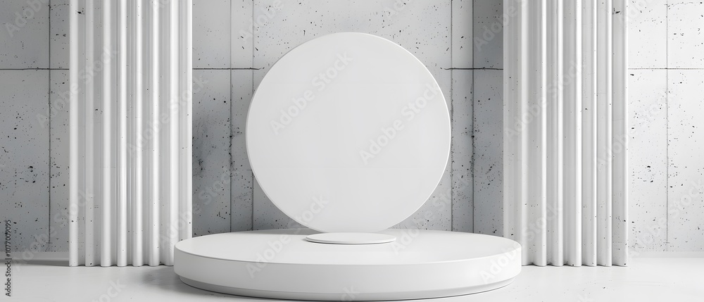 Aufkleber Minimalist Studio Scene with White Round Display Platform and Vertical Columns Against a Textured Concrete Wall for Product Showcase and Presentation