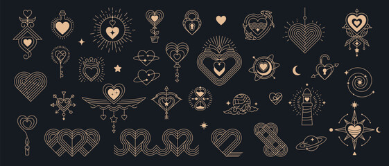 Golden boho Valentine esoteric elements, celestial and mystic symbol icons. Vector line love hearts, stars and moon, sun and planets. Valentines Day boho art Cupid arrows and bow, padlocks and keys © Vector Tradition