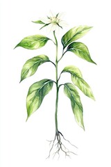 Obraz premium Rustic Botanical Illustration of Fresh Ground Elder Herb with Watercolor Leaves and Flowers, Isolated on White Background