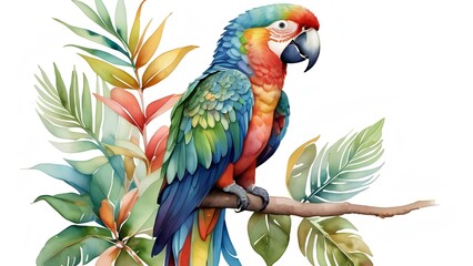 Obraz premium A colorful parrot resting on a branch with lush leaves in the background, watercolor brushstrokes