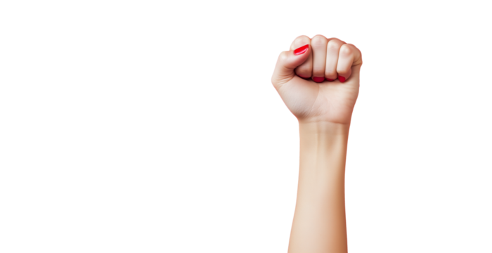 The image shows a hand with red nail polish raised in a fist, representing unity and empowerment. The background is plain white, emphasizing the gesture.