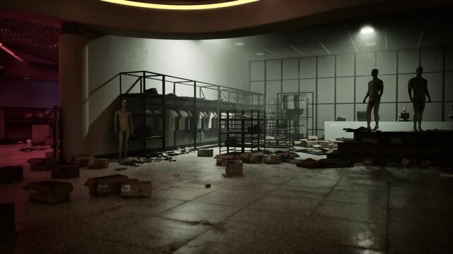 The store is left in disarray, with scattered boxes and mannequins standing eerily amidst the chaos. Evidence of a recent robbery is clear with overturned racks and debris everywhere.