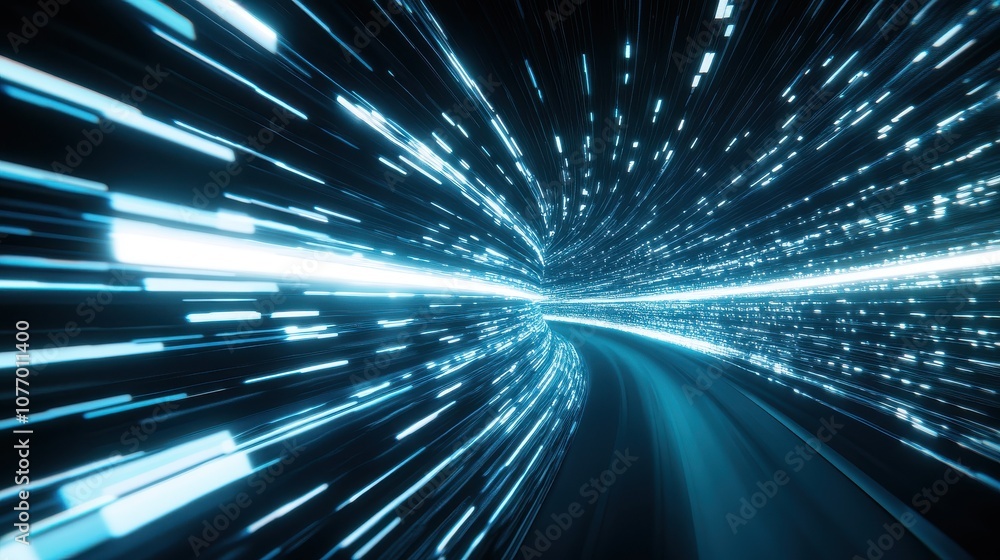 Aufkleber futuristic motion blur of light trails in a curved tunnel creates a sense of speed and energy in a d
