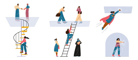 Set of illustrations of women breaking glass ceiling and climbing ladder where men stand.