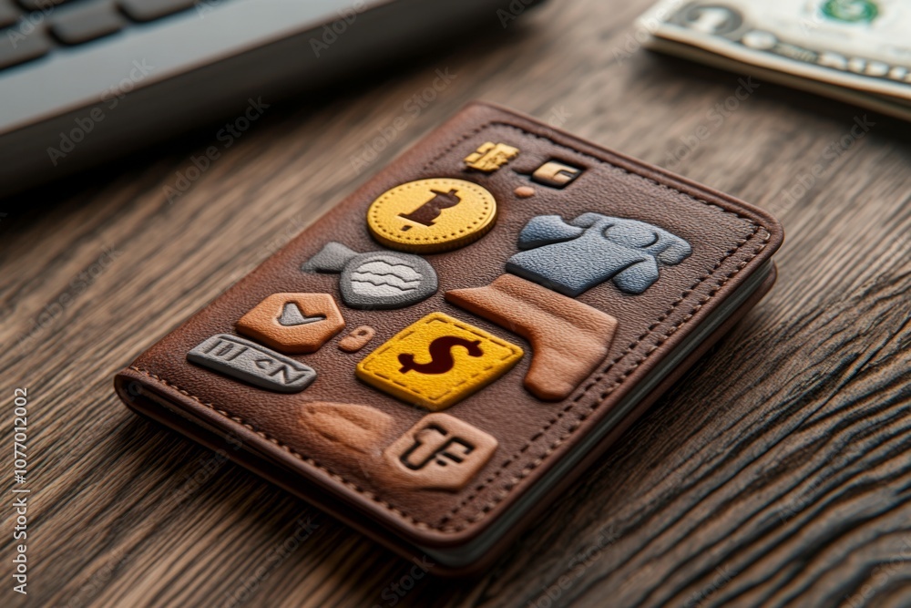 Aufkleber A pixel art wallet with coins and banknotes, styled like a retro video game on a simple background