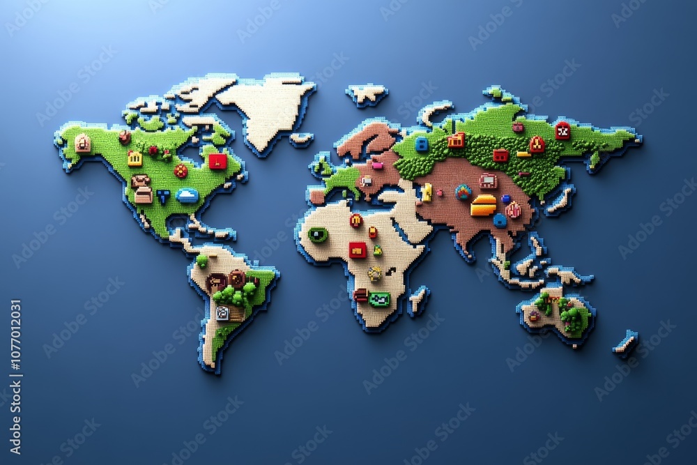 Poster a pixel art world map with small, colorful icons marking continents and countries, styled like a ret