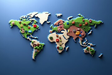 A pixel art world map with small, colorful icons marking continents and countries, styled like a retro video game