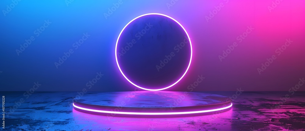 Poster a modern abstract neon circle with a vibrant gradient background, ideal for futuristic themes, digit