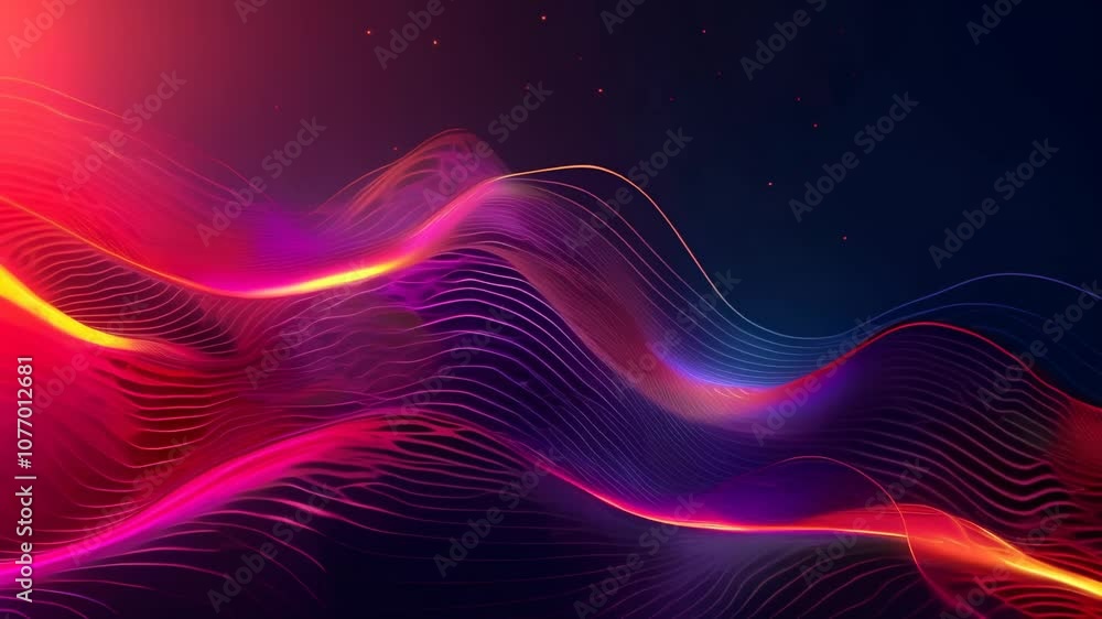 Poster Smooth elegant pink and purple lines creating dynamic waves with glowing yellow highlights on a dark background with glowing particles, perfect for technology, music or abstract concepts