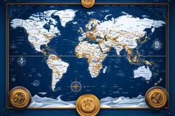 A realistic world map on an antique parchment background, with detailed countries and continents