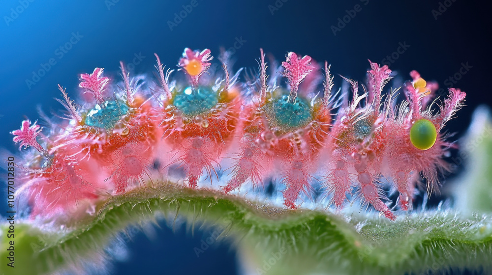 Poster a colorful, close-up image of a caterpillar displaying vivid hairs and unique patterns on a leaf aga