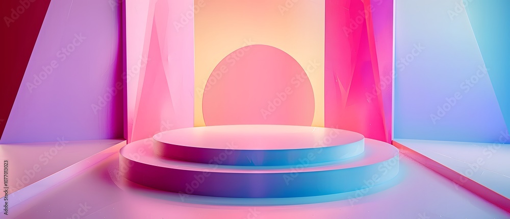 Aufkleber Stylish and Vibrant Abstract Stage Design Featuring Dynamic Geometric Shapes with Soft Lighting and Colorful Gradients for Creative Productions