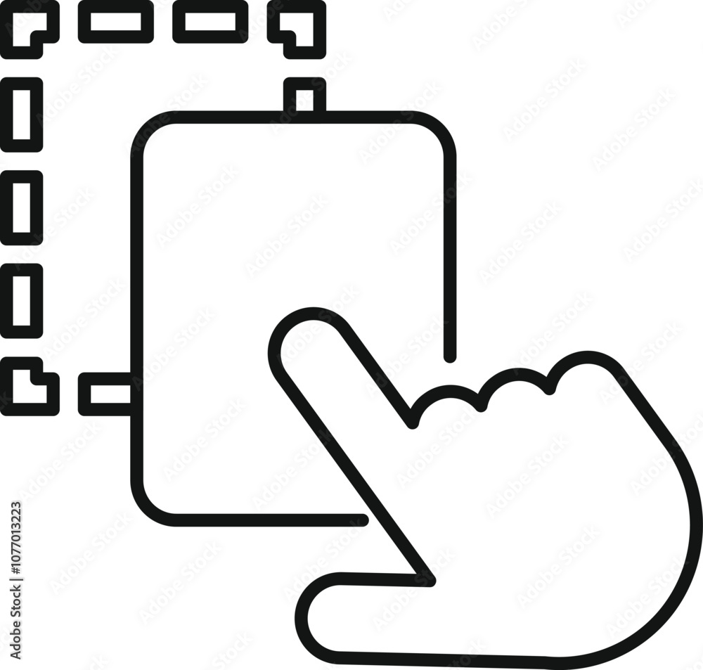 Poster finger selecting on tablet device with selection path marked by dotted line, representing digital in