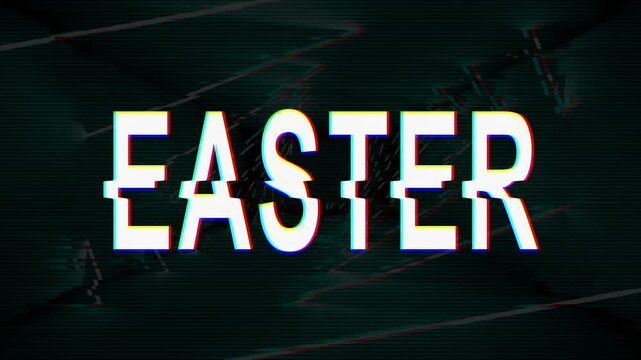 Loop Happy Easter golden glittering light motion text with glitch effect animation on black abstract background. promote advertising concept isolate using QuickTime Alpha Channel proress 444 in 4K.