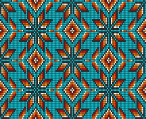 Timeless Southwest Native American Aztec beads motif teal Vector Pattern. Tribal beaded geometrics in red, orange, yellow, teal seamless pattern.