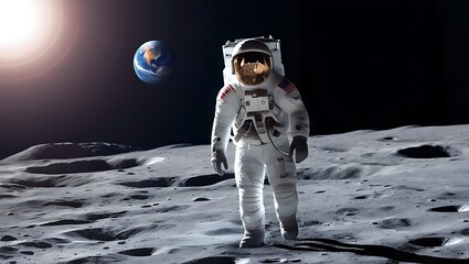 This high-resolution photograph captures a breathtaking moment of an astronaut walking on the Moon’s surface with Earth rising in the background. 