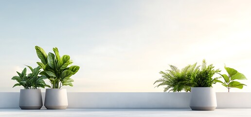 Obraz premium Minimalist balcony with plants in white pots against a blue sky.