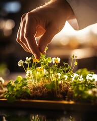 Fototapeta premium Chef meticulously plating gourmet dish with delicate flowers and herbs in modern kitchen.