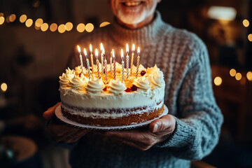 Happy senior man holds birthday cake with burning candles and makes a wish. Festive concept with elderly male celebrate anniversary.