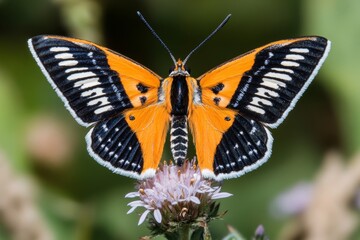 Naklejka premium Close-up of a colorful butterfly perched on a wildflower in a meadow, showing intricate wing details
