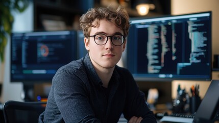 Fototapeta premium Portraits of a young programmer with glasses conducting a coding workshop at a modern desk setup, multiple monitors displaying code, intense focus on his work in a professional tech environment.