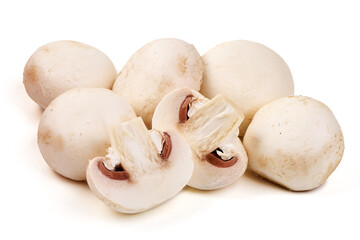 Fresh Champignon Mushrooms, isolated on white background.