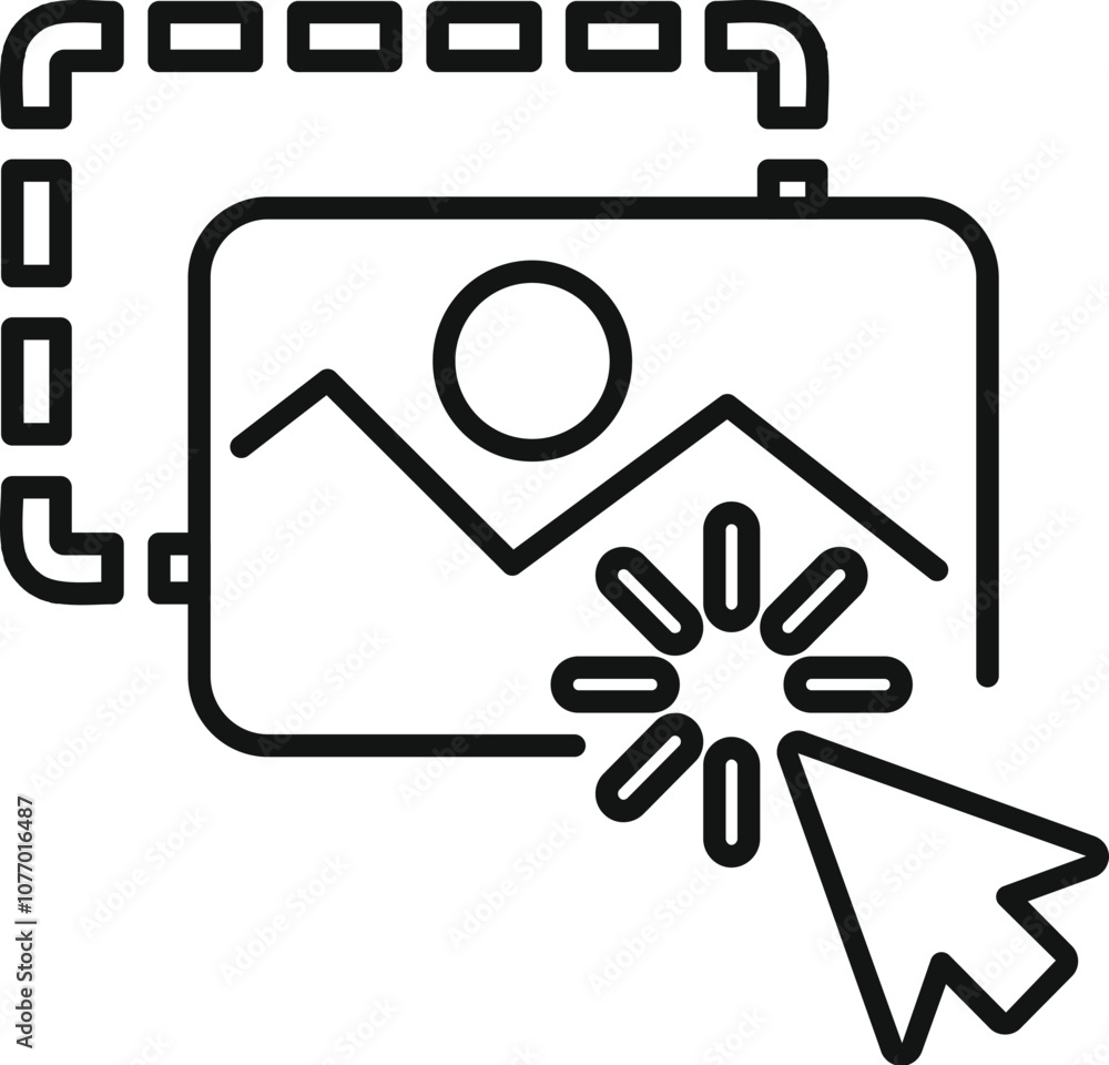 Poster mouse arrow clicking on photo with loading buffer symbol and dotted selection, concept of image proc