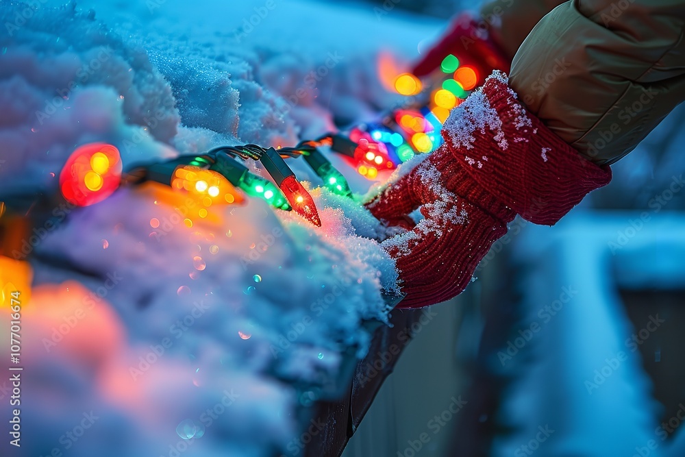 Poster a close-up shows a person stringing christmas lights in various colors across a snowy rooftop with p