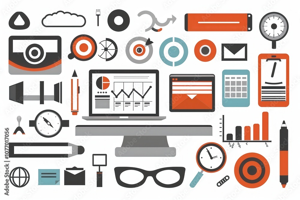 Poster a collection of digital tools and analytics symbols surrounding a computer, depicting graphic design