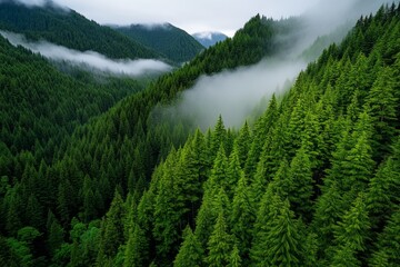 Obraz premium Foggy morning landscape in a dense forest, with soft light filtering through tall pine trees