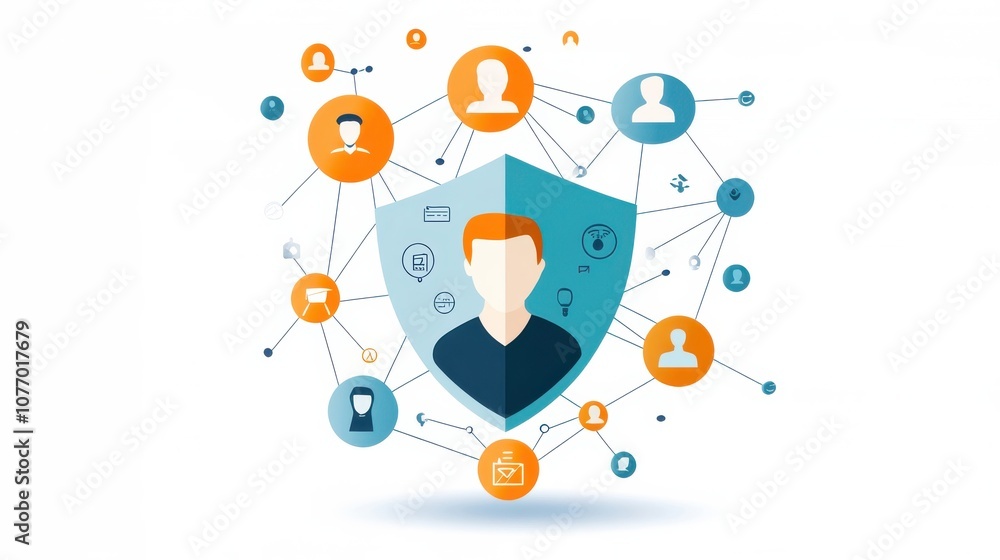 Poster cybersecurity network with shield and connected nodes