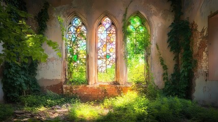Fototapeta premium Beautifully Overgrown Abandoned Building with Colorful Stained Glass Windows Bathed in Soft Natural Light Surrounded by Lush Greenery and Vivid Colors