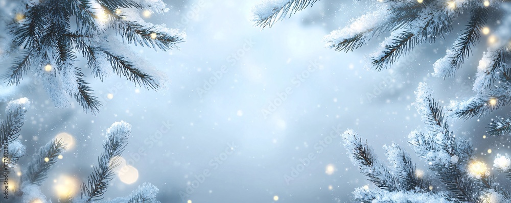 Poster christmas background with snowy pine branches and sparkling lights
