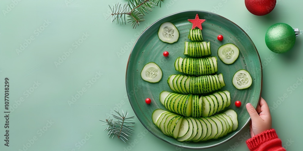 Poster a shot of a cucumber christmas tree in a plate with a child's hand gripping it is shown from above a
