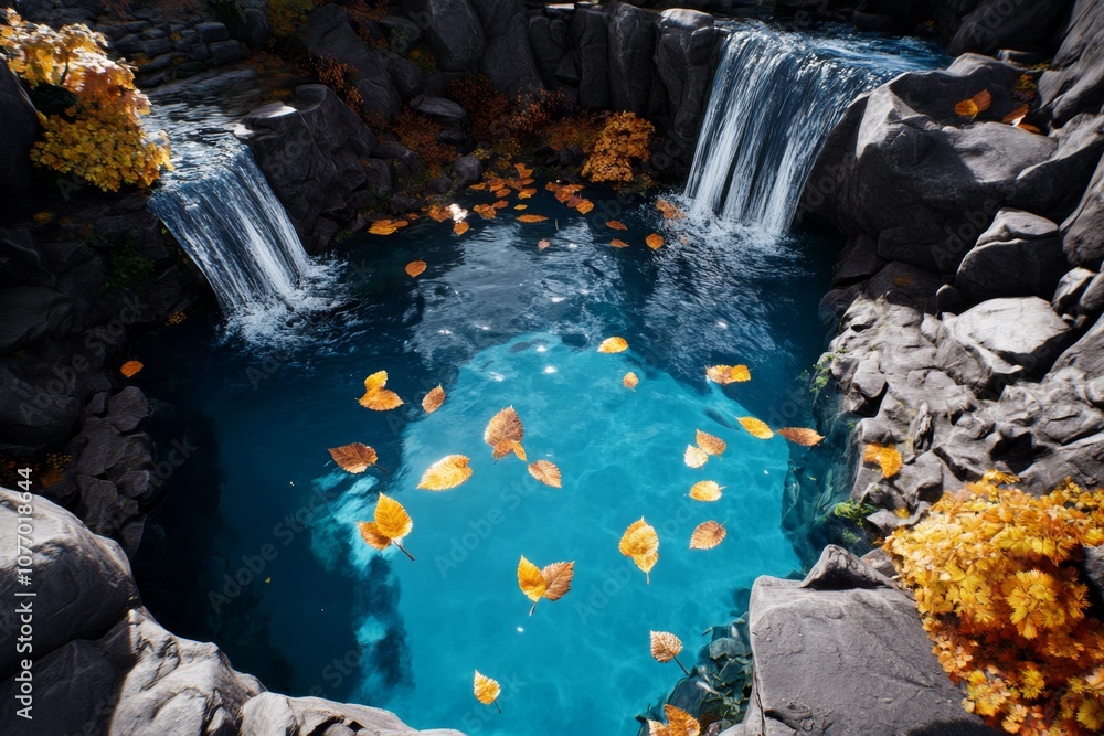 Poster hyper-realistic landscape of a waterfall cascading into a clear blue pool, with every leaf and drop 
