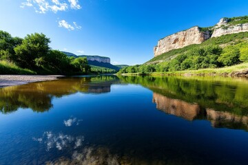 Fototapeta premium Landscape of a calm river flowing through a valley, with reflections of trees and hills on the water