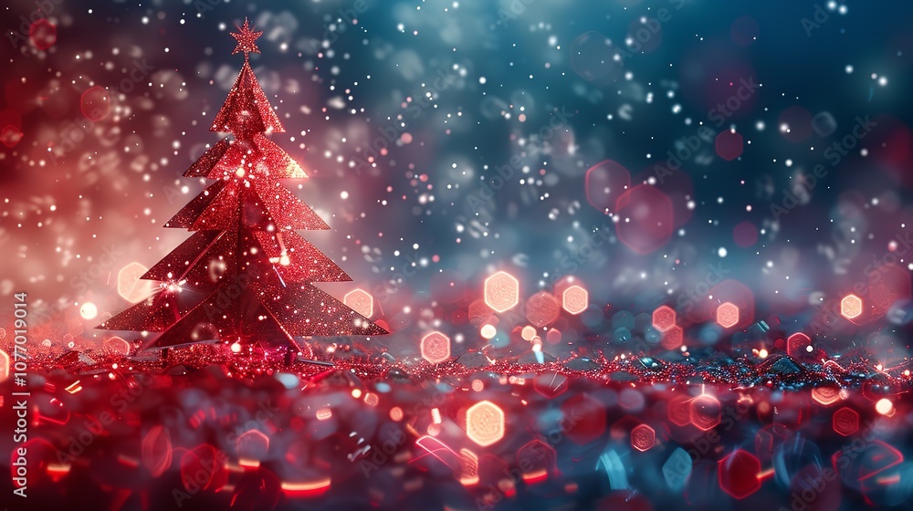 Poster an overview featuring a large text area and an abstract polygonal christmas tree with snowflakes and