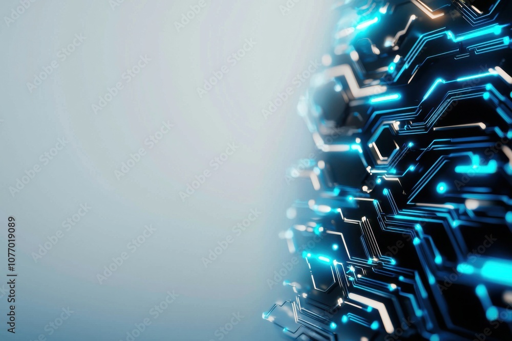 Aufkleber a close-up view of a digital circuit board with glowing blue traces against a soft background, empha