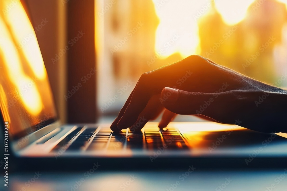Poster a person types on a laptop keyboard as sunlight streams in, creating a warm, serene atmosphere.