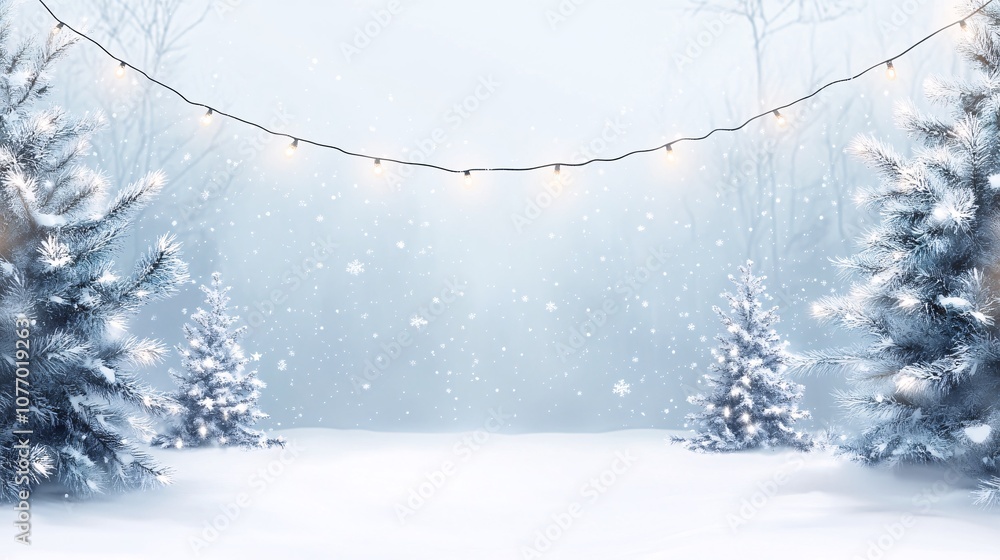 Poster snow falling on christmas trees in a winter wonderland with string lights