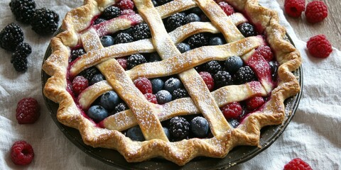 Freshly baked berry pie features a beautifully woven lattice crust, bursting with vibrant blueberries, raspberries, and blackberries nestled atop a wooden surface with leaves for a natural touch.