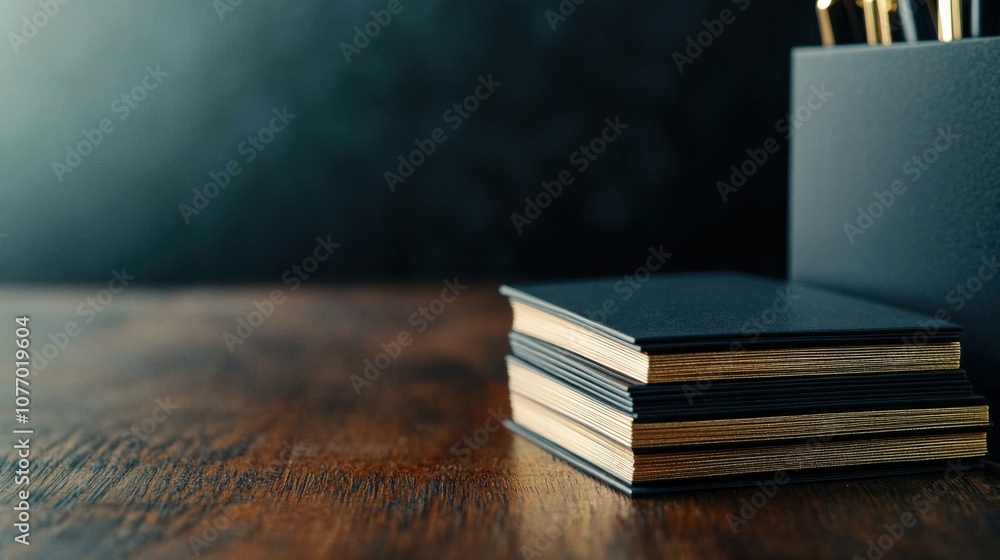 Poster a close-up of stacked notebooks on a wooden surface, accompanied by a holder with writing tools, cre