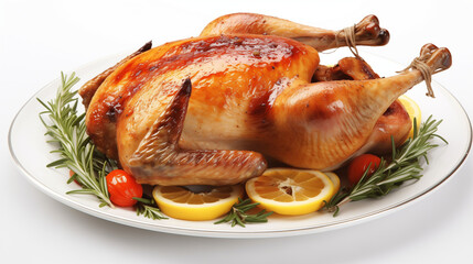 Delicious roasted turkey with rosemary, tomatoes, garlic, and lemon on white plate, cut out